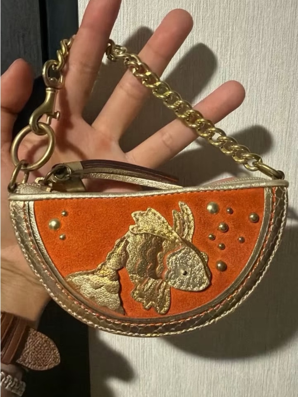 Coach Orange Suede Half-Moon Coin Bag with Gold Koi Fish Appliqué